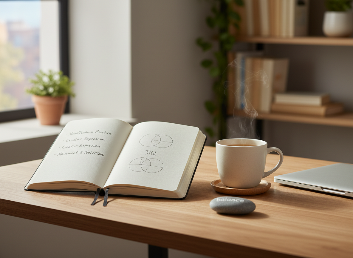 A meticulously arranged writing desk dedicated to personal wellbeing planning, featuring an open linen-textured journal with neatly written goals and a simple geometric diagram labeled “3IQ” in soft ink. Beside it, a matte ceramic mug of herbal tea rests on a light oak surface, next to a closed laptop and a small, smooth river stone engraved with the word “balance.” The scene is set near a tall window in a minimalist home office, with soft morning daylight creating gentle highlights on the wood grain and subtle, calm shadows. Shot at eye level with a shallow depth of field, the background bookshelves blur into warm, neutral tones. The mood is focused yet serene, with clean, photographic realism matching a professional wellbeing blog aesthetic.