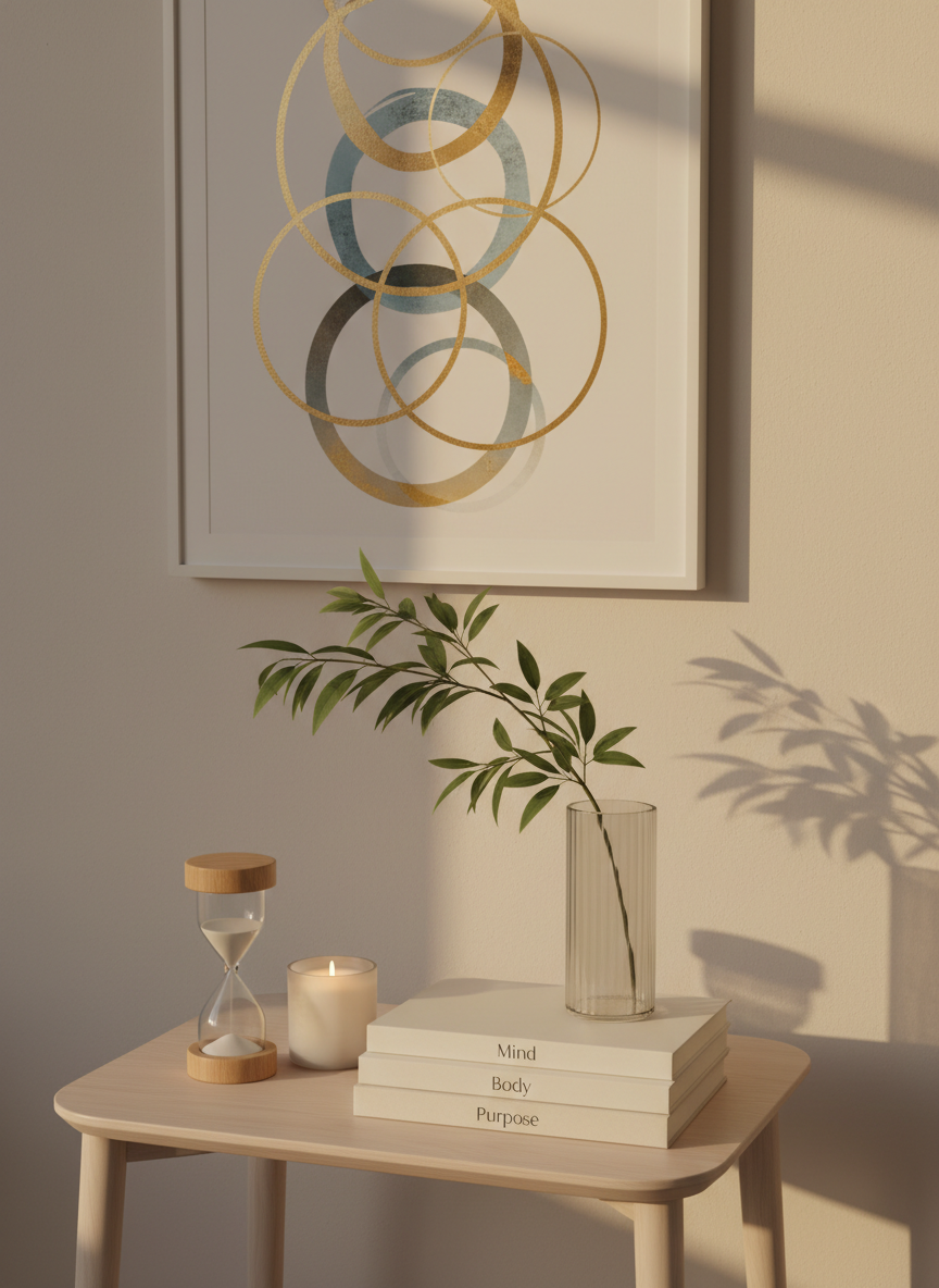 A carefully curated wellbeing corner featuring a low, pale-wood side table holding three stacked notebooks labeled “Mind,” “Body,” and “Purpose” in understated typography, subtly echoing a 3-part framework. A sand-filled hourglass, a small frosted glass candle, and a single leafy branch in a clear glass cylinder vase add texture and symbolic meaning. The scene sits against a light, matte wall with a large, abstract framed print suggesting interconnected circles and lines. Gentle golden-hour light pours in from the right, casting elongated, soothing shadows. Photographed from a slightly elevated angle with balanced composition, every object is in crisp focus. The photographic style is clean and modern, conveying clarity, structure, and calm empowerment for life balance content.