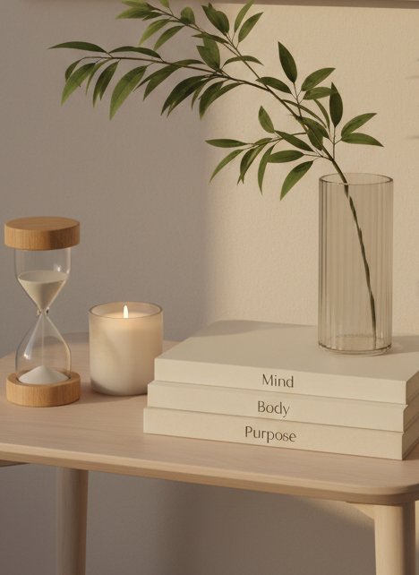 A carefully curated wellbeing corner featuring a low, pale-wood side table holding three stacked notebooks labeled “Mind,” “Body,” and “Purpose” in understated typography, subtly echoing a 3-part framework. A sand-filled hourglass, a small frosted glass candle, and a single leafy branch in a clear glass cylinder vase add texture and symbolic meaning. The scene sits against a light, matte wall with a large, abstract framed print suggesting interconnected circles and lines. Gentle golden-hour light pours in from the right, casting elongated, soothing shadows. Photographed from a slightly elevated angle with balanced composition, every object is in crisp focus. The photographic style is clean and modern, conveying clarity, structure, and calm empowerment for life balance content.
