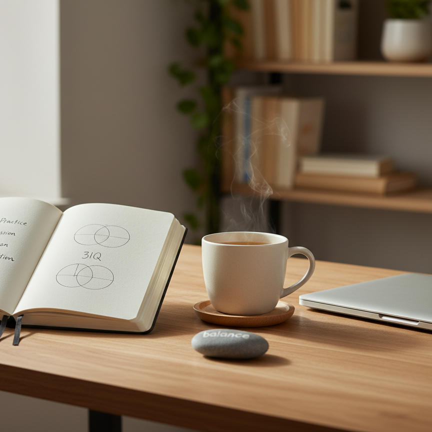A meticulously arranged writing desk dedicated to personal wellbeing planning, featuring an open linen-textured journal with neatly written goals and a simple geometric diagram labeled “3IQ” in soft ink. Beside it, a matte ceramic mug of herbal tea rests on a light oak surface, next to a closed laptop and a small, smooth river stone engraved with the word “balance.” The scene is set near a tall window in a minimalist home office, with soft morning daylight creating gentle highlights on the wood grain and subtle, calm shadows. Shot at eye level with a shallow depth of field, the background bookshelves blur into warm, neutral tones. The mood is focused yet serene, with clean, photographic realism matching a professional wellbeing blog aesthetic.
